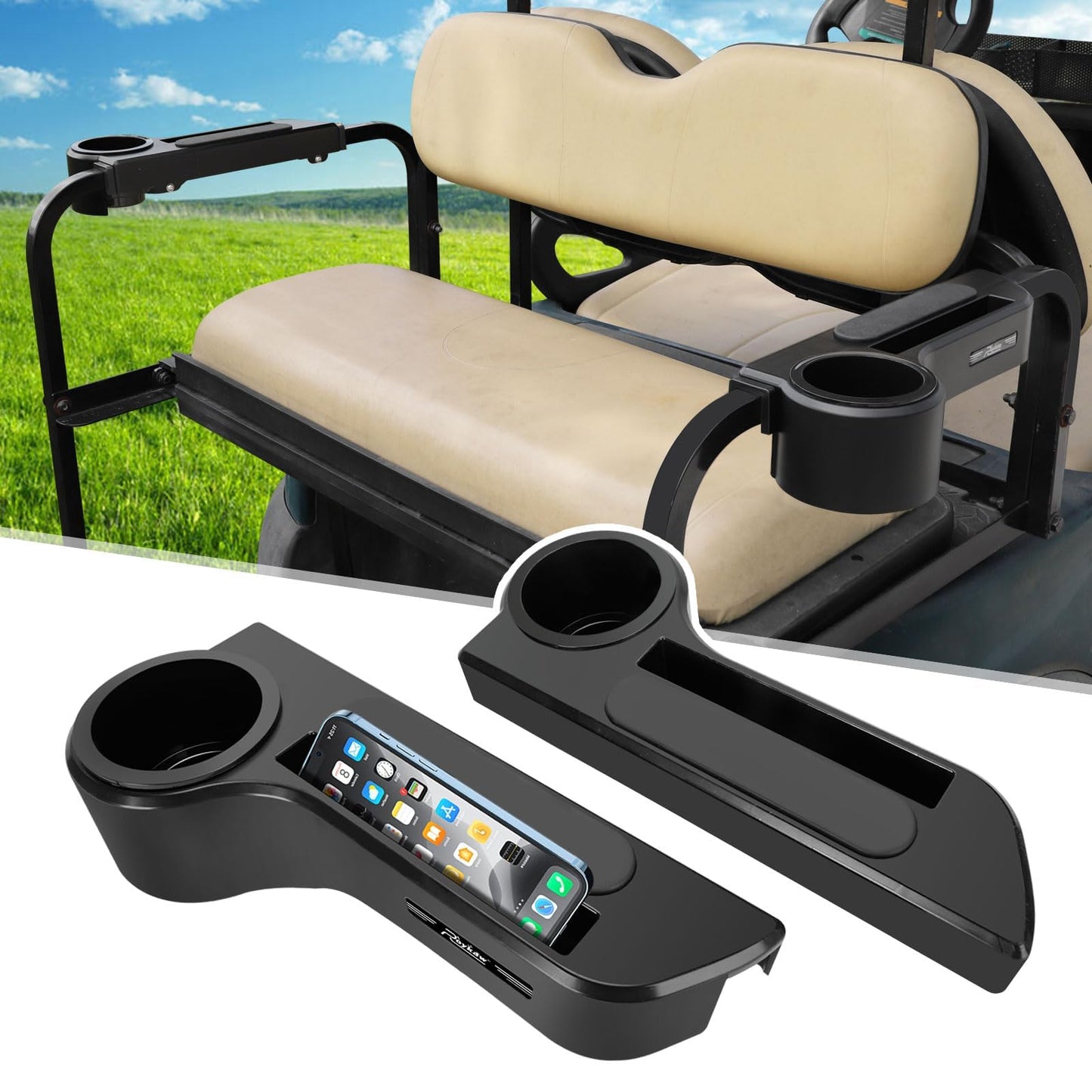Roykaw Golf Cart Armrest with Cup Holder/Rear Seat Arm Rests Fit for EZGO/Club Car/Yamaha & Most Golf Cart, Upgrade 3rd Gen - with Phone Holder, No Drilling Required, Fit 1.0"/1-1/4" Square Tube Frame