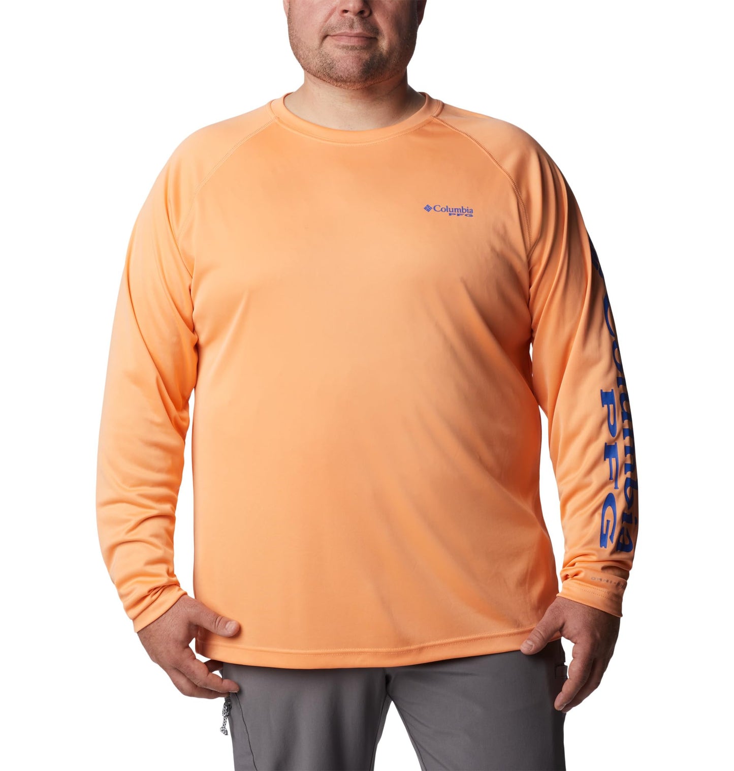 Columbia Men's PFG Terminal Tackle Long Sleeve Fishing Shirt, Bright Nectar/Vivid Blue Logo, 2X