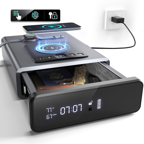 Biometric Gun Safe for Handgun, Smart Clock Safes with 2-in-1 Watch & Phone Wireless Charging, Bedside Pistol Safe with Backlit Keypad, Nightstand Handgun Safes with LED Light