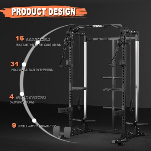 Cofiyard Power Cage, Power Rack with Dual Pulley System, Multi-Function Squat Rack with Cable Crossover, Free Weight Home Gym Workout Machine(Black)