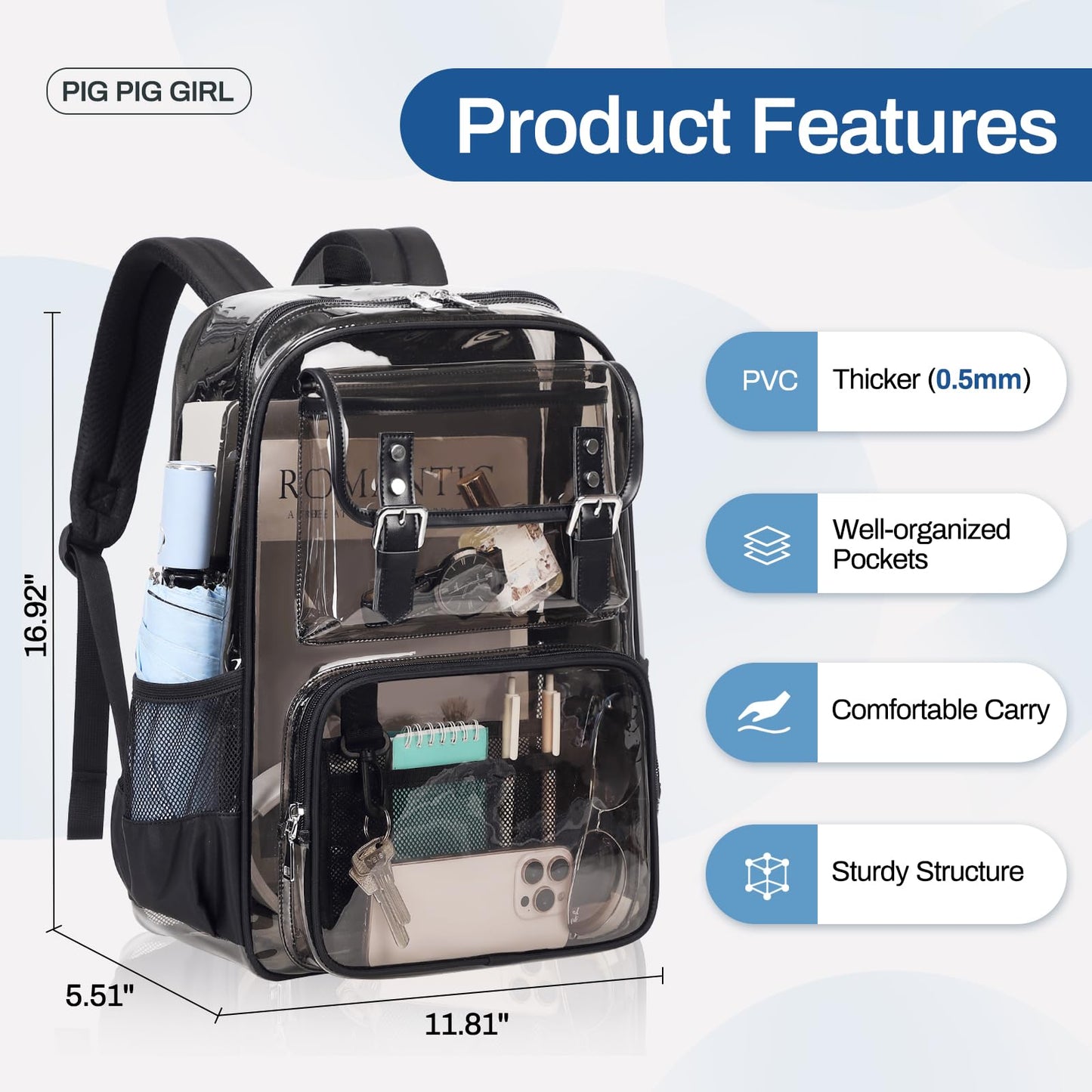 PIG PIG GIRL Clear Backpack Heavy Duty, PVC Clear Bookbag Transparent Backpack See Through Bag for Stadium College for Adult Men Women, Semi-Black