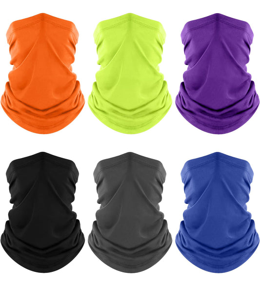 Fuinloth Neck Gaiter, 6 Pack Cooling UV Protection Bandana Face Mask Gator Scarf for Men Women Orange+Neon Yellow+Purple+Black+Gray+Blue