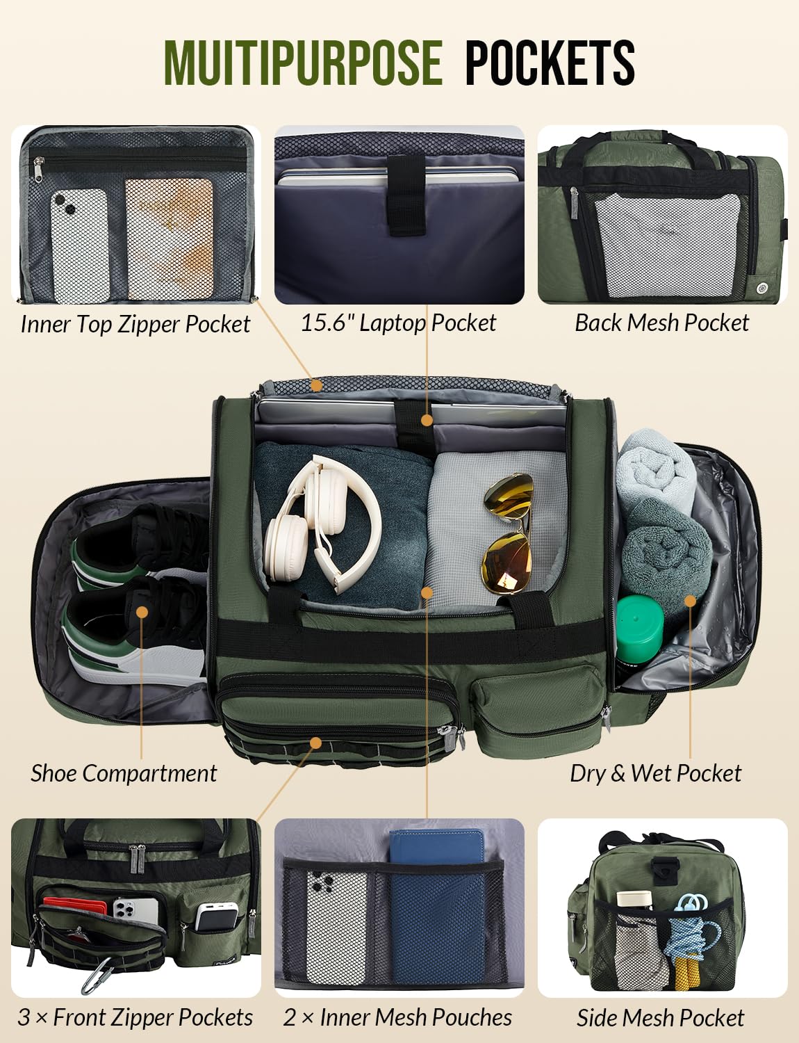 Celvetch Gym Bag for Men Women 3-in-1 Sports Travel Duffel Bag, 39L, Green