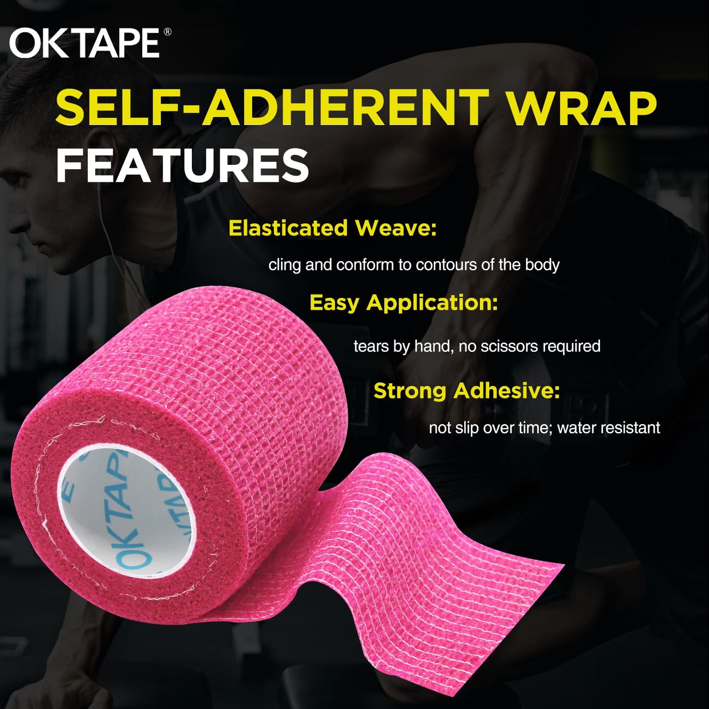 OK TAPE 12 Rolls Self Adhesive Bandage Wrap, Elastic Athletic Tape, Self Stick Bandage Tape, Vet Wrap, Medical Wrap for Wrist, Feet, 2" x 5 Yards