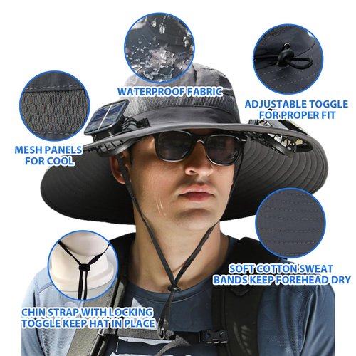 Solar Fan Hat, Hat with Fans Solar Power, Solar Fan Hats for Men,Wide Brim Fishing, Outdoor Hiking Cap with Built-in Solar Fans, Ideal for Camping and Sun Protection(Grey)