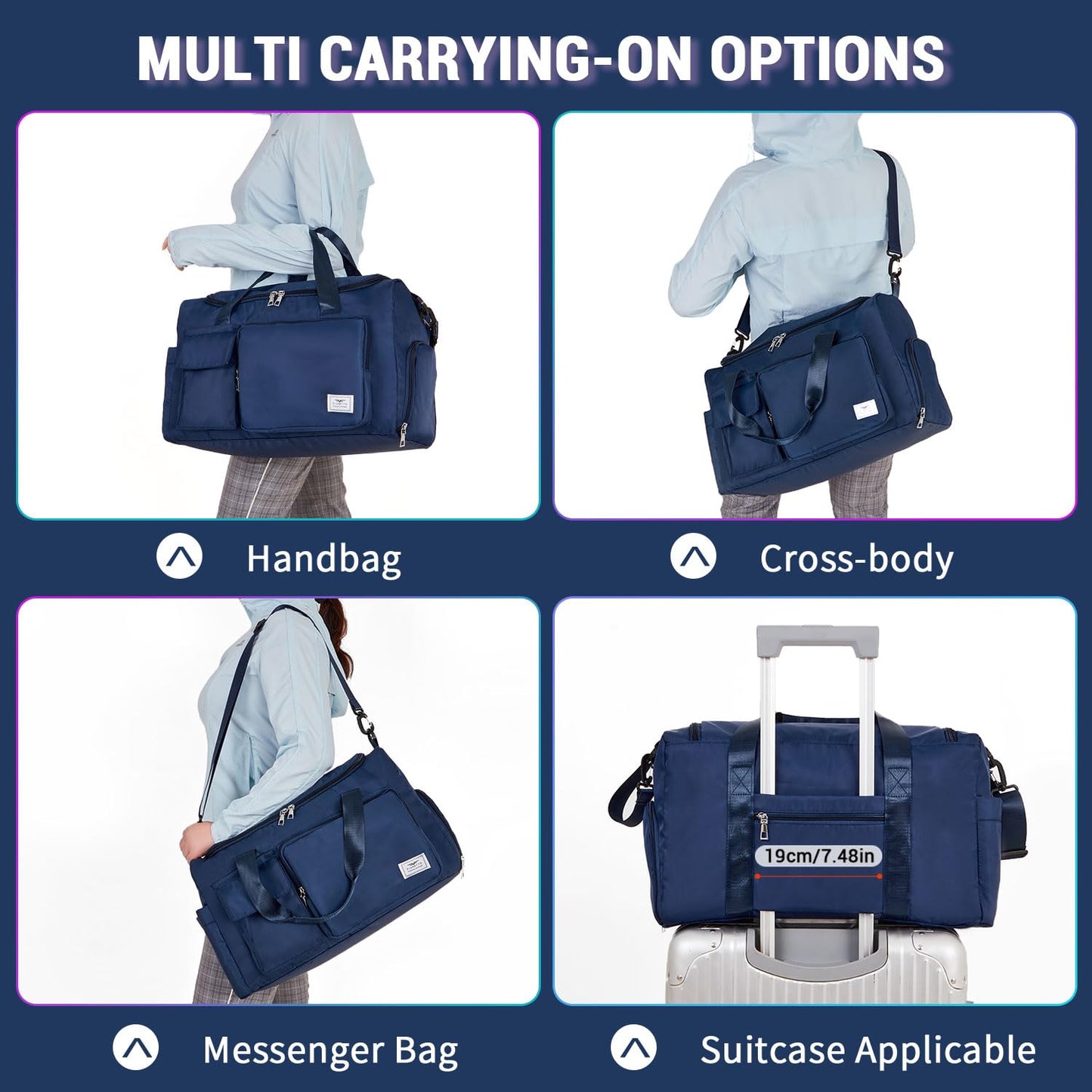 FIORETTO Women's Gym Duffle Bag with Shoes Compartment, 30L Capacity, Ideal for Travel, Gym, Sports, Duffel, Weekender, with Toiletry Bag, Navy Blue