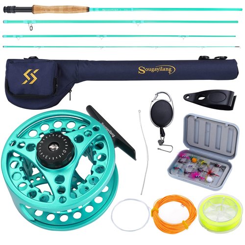 Sougayilang Fly Fishing Combo, 4 Piece Fly Rod and Die Cast Aluminum Alloy Reel Complete Starter Package with Rod Bag-Turquoisee-#5