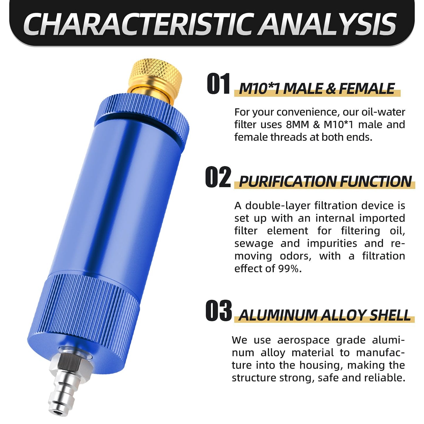 MEANLIN MEASURE 30Mpa Water-Oil Separator With 20 inch Spring Flexible Hose and 8MM & M10 Fast Connecting Internal Thread Mother Head For High Pressure Air Compressor Pump Blue