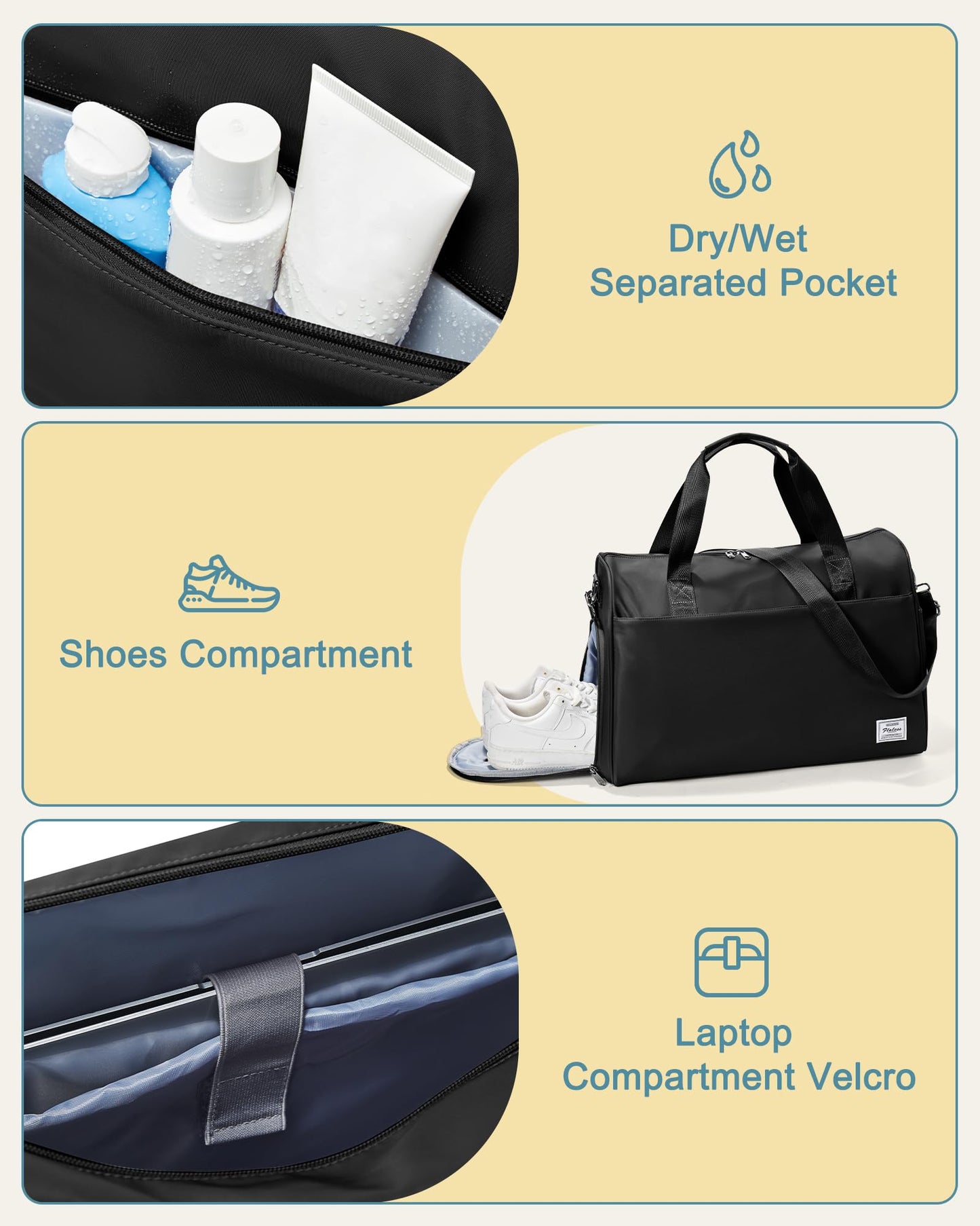 Travel Duffel Bags for Women & Men - Weekender with Shoe & Laptop Compartments - Carry On, Overnight, Gym & Hospital Bag - Black