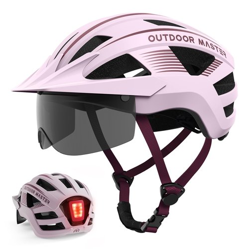 OutdoorMaster Helmets for Adults - Mountain & Road Bike Helmet with Rechargeable Safety Light, Detachable Goggles and Sun Visor - Easy to Adjust, Breathable, Lightweight - Medium