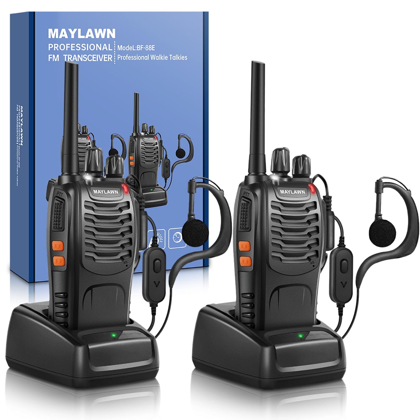Maylawn Walkie Talkies Pack of 2, Walkie Talkies Long Range for Adults with Rechargeable Batteries, Two Way Radios with LED Light Earpieces and Chargers, 16 Channels, Supports VOX Function