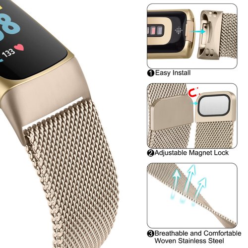 Metal Band Compatible with Fitbit Charge 6 Bands Women Men, Stainless Steel Mesh Loop Magnetic Replacement Bracelet Strap for Fitbit Charge 6 Fitness Tracker (Champagne)