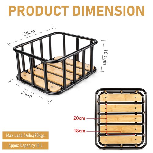 CXWXC Rear Bike Basket - Large Bicycle Rear Basket with Cargo Net and Waterproof Cover, Wooden Base Baskets Rear Large Capacity