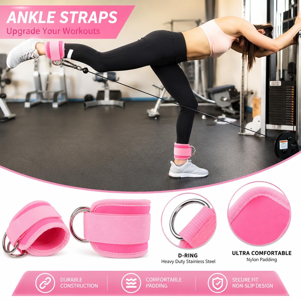 Barbell Pad Set, 10 Pcs Barbell Squat Pad for Hip Thrusts, Lunges, Leg Day with 2 Gym Ankle Straps, 3 Hip Resistance Bands, 2 Lifting Strap, Barbell Pad and Carry Bag