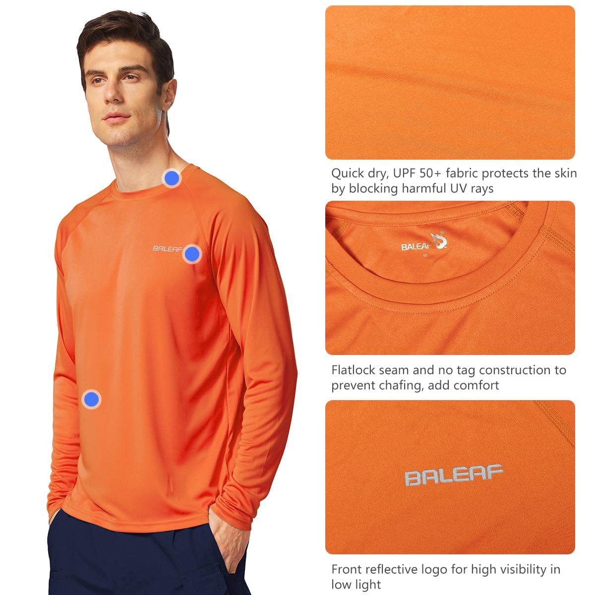 baleaf Mens UPF 50+ Sun Protection Shirts Long Sleeve Rash Guard, Quick Dry 4-Way Stretch for Fishing Swimming Surfing 01-Orange L
