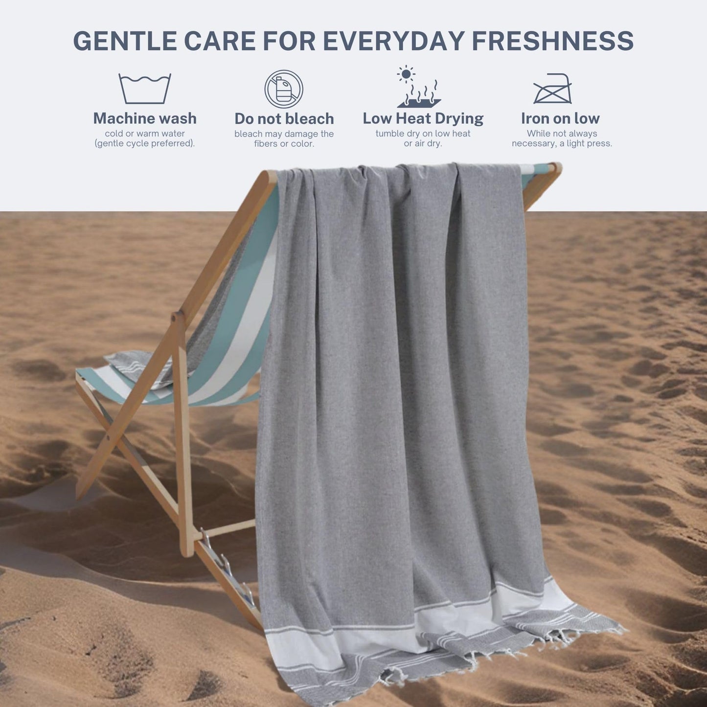 9Threads Cotton Turkish Beach Towel with Towels Oversized 36"x72" Pool Absorbent Extra Large Quick Dry Sand Travel Towel (Grey, 2 Pack)