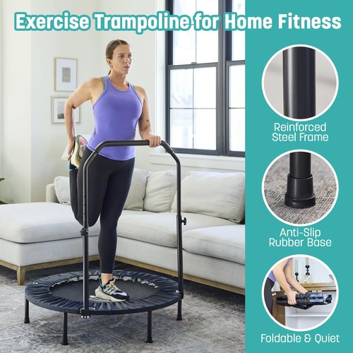 SKYWALKER TRAMPOLINES 40” Foldable Fitness Trampoline, Indoor and Outdoor Adult Fitness Rebounder, 6 Level Adjustable Foam Handrail, Max 330 lbs