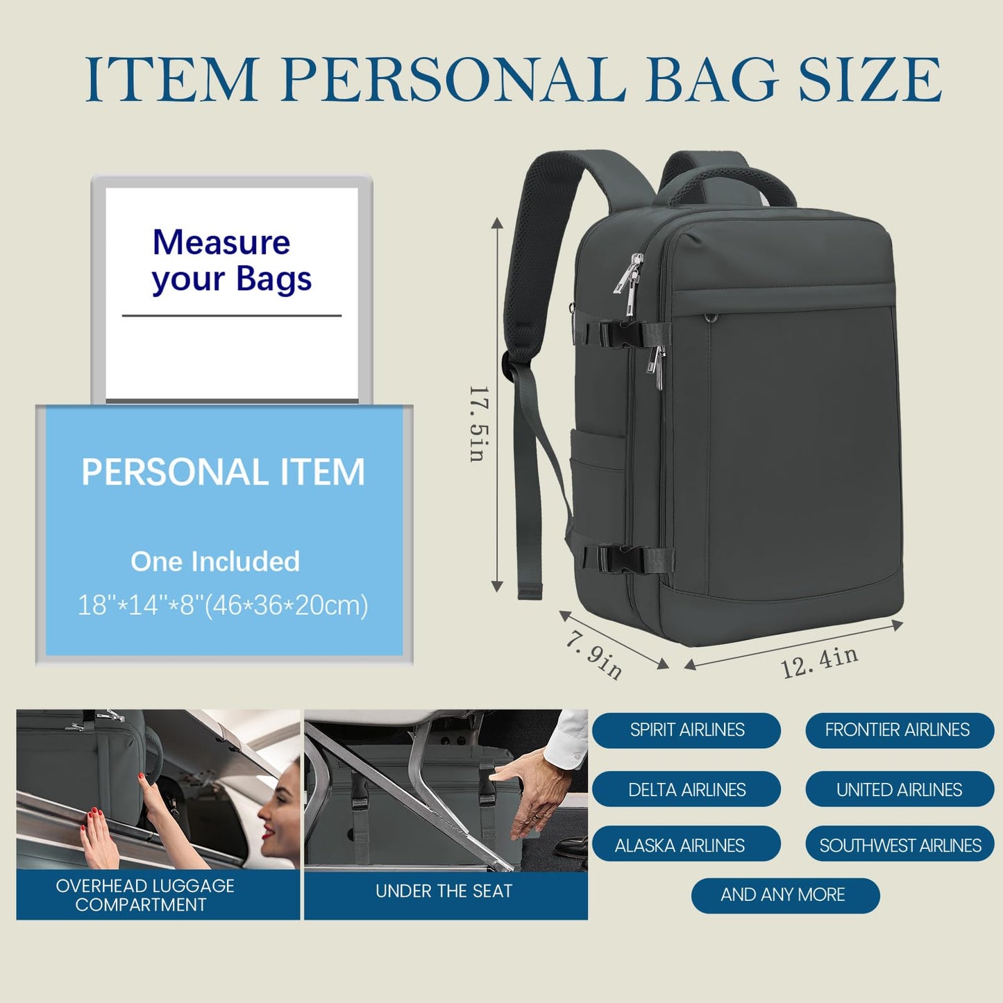 Lossga for Spirit Airlines Personal Item Bag 18x14x8 Inches Travel Bag Mens Travel Backpack for Women Fit Up to 17 inch Weekender Bags With Usb Charging Port Carry on Flight Approved