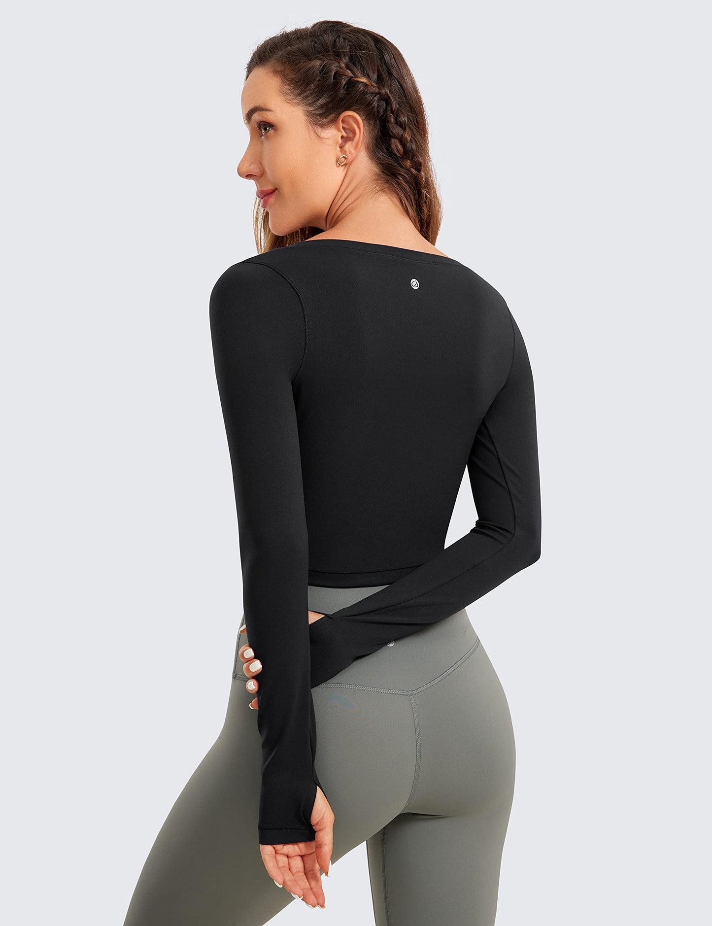 CRZ YOGA Butterluxe Long Sleeve Crop Tops for Women Slim Fit Workout Shirts Cropped Athletic Gym T-Shirts Black Medium