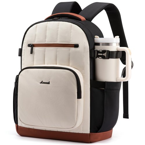 LOVEVOOK Laptop Backpack Women with Pouch Pocket for Large Capacity Cup,15.6 Inch Lightweight Puffer Computer Laptop Bag Travel Backpack Purse for Work College Teacher Personal Item,Black-White-Brown