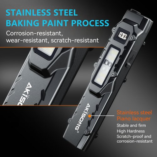 AKISONG EDC Tactical Flashlight, 1,200 Lumens Flat Flashlights Rechargeable, Dual-Switches LED Small Pen Light Digital Display, Stainless Steel 9 Modes Pocket Flash Light for Home, Camping, Emergency