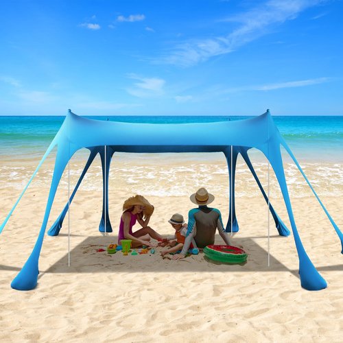 Beach Tent Sun Shelter,10 x 10FT Beach Canopy Tent Sun Shade with 8 Sandbags & 4 Poles, UPF50+ Beach Tent Canopy with Carrying Bag for Camping Trips, Fishing, Backyard Fun or Picnics Light Blue