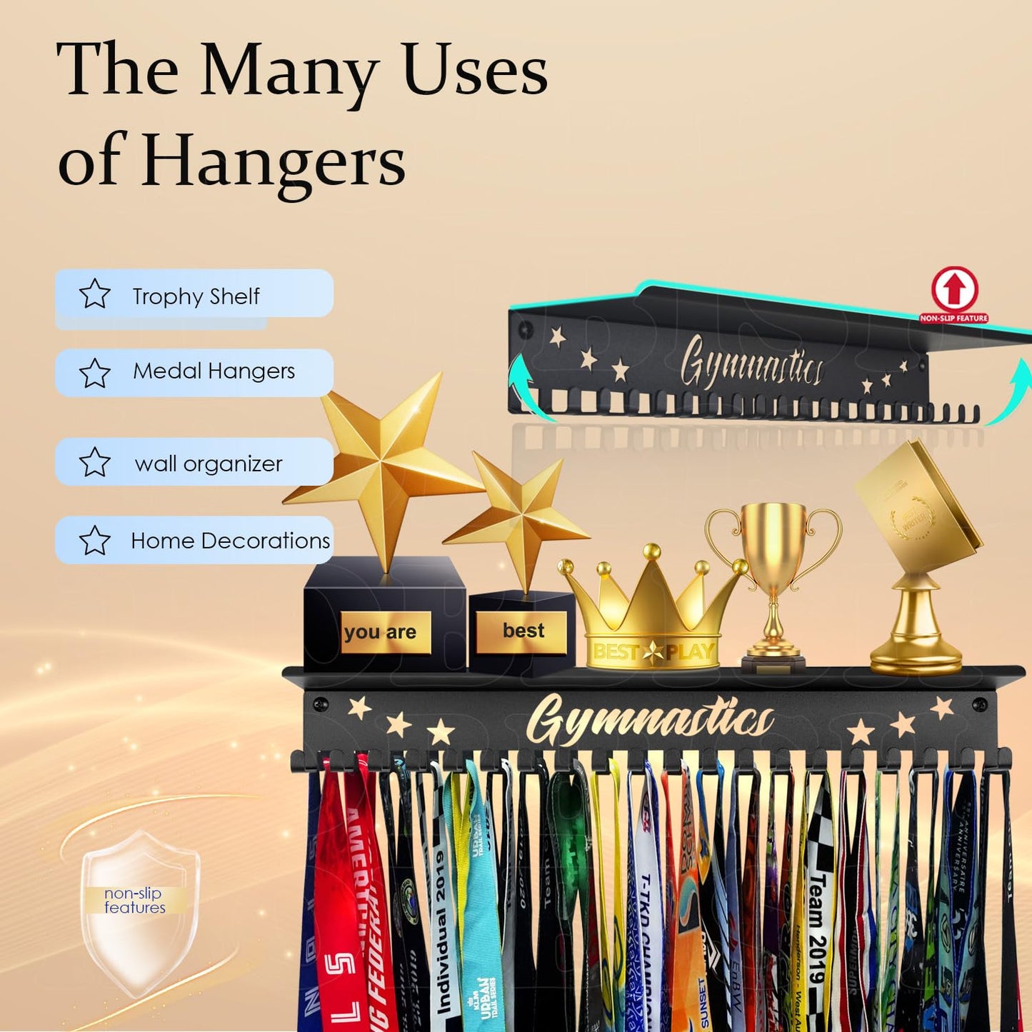 iBobbish Non-Slip Medal Hanger Display Trophy Shelf,Medal Hanger Display for Wall with 16inchL,Race Medal Display Upgraded Medal Holder Display for gymanstics,Race,Soccer,Swim
