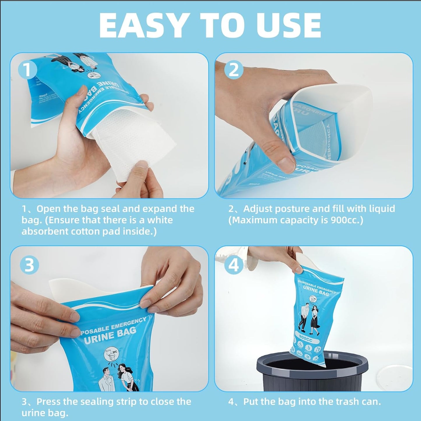 12/24 Pcs Disposable Urine Bags, 3rd Generation 900ML Emergency Portable Pee Bags for Travel for Men/Women, Unisex Leakproof Urinal Bag, Odorproof Urinal Bag Vomit Bags for Hiking Traffic Jam