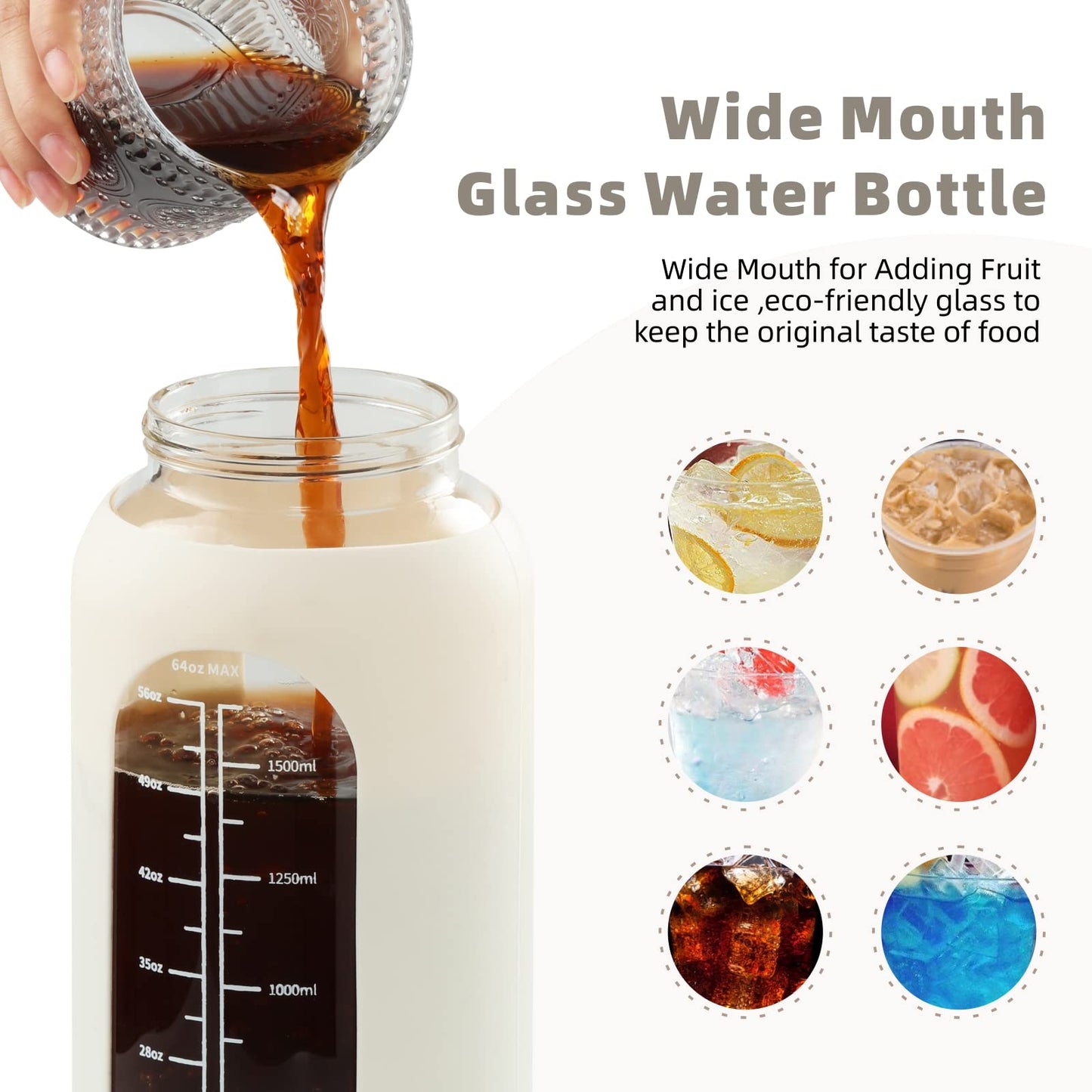 64 oz Glass Water Bottle with 2-in-1 Straw Lid Large Half Gallon Water Bottle with Time Marker & Removable Silicone Sleeve,Wide Mouth BPA-Free Borosilicate Bottle for Gym, Workout & Daily Use