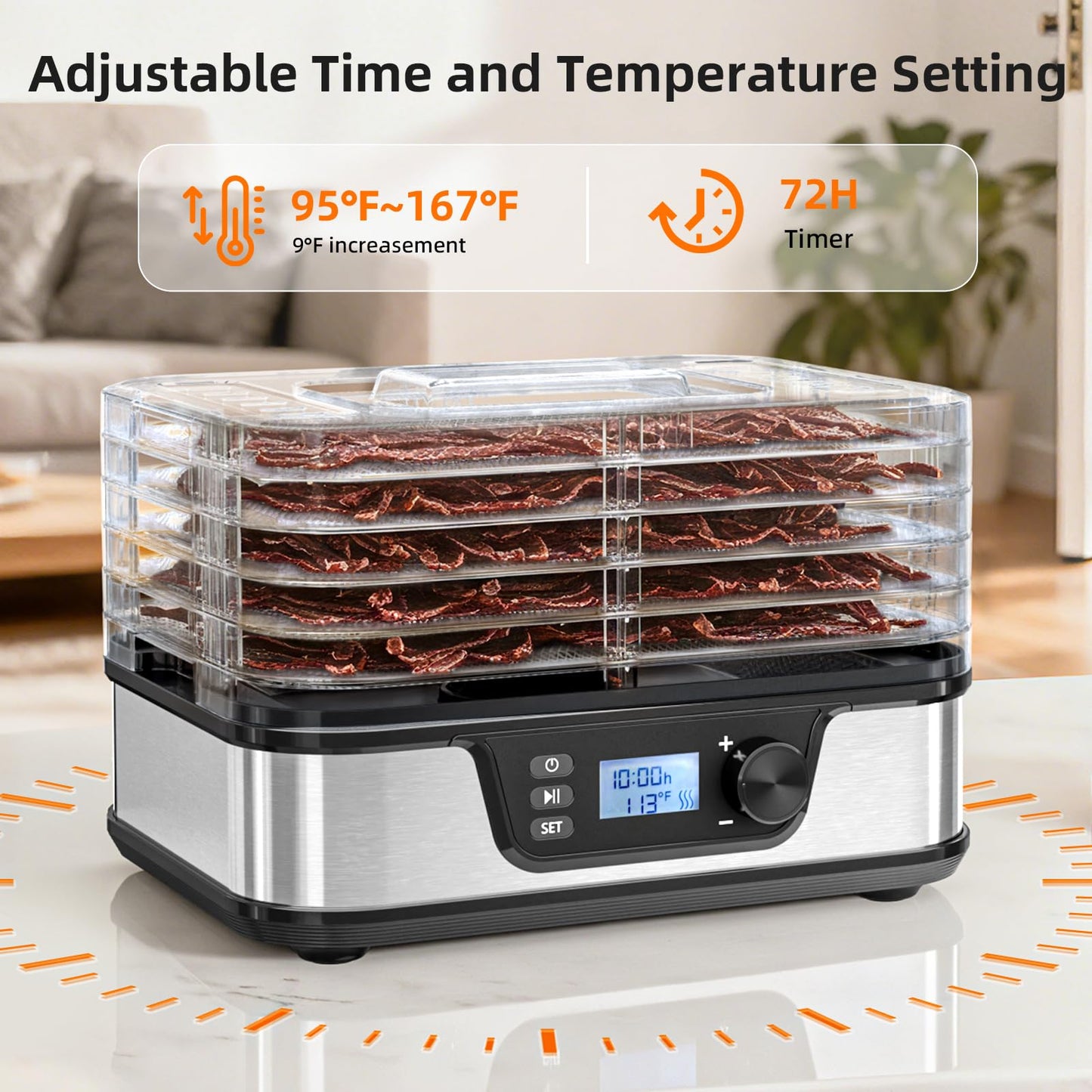 Kndko Food Dehydrator 350W Machine With Digital Adjustable Temperature and 72H Timer,5 BPA-Free Stainless Steel Trays for Fruits Vegetables and Meat