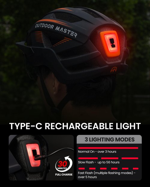 OutdoorMaster Helmets for Adults - Mountain & Road Bike Helmet with Rechargeable Safety Light, Detachable Goggles and Sun Visor - Easy to Adjust, Breathable, Lightweight - Medium