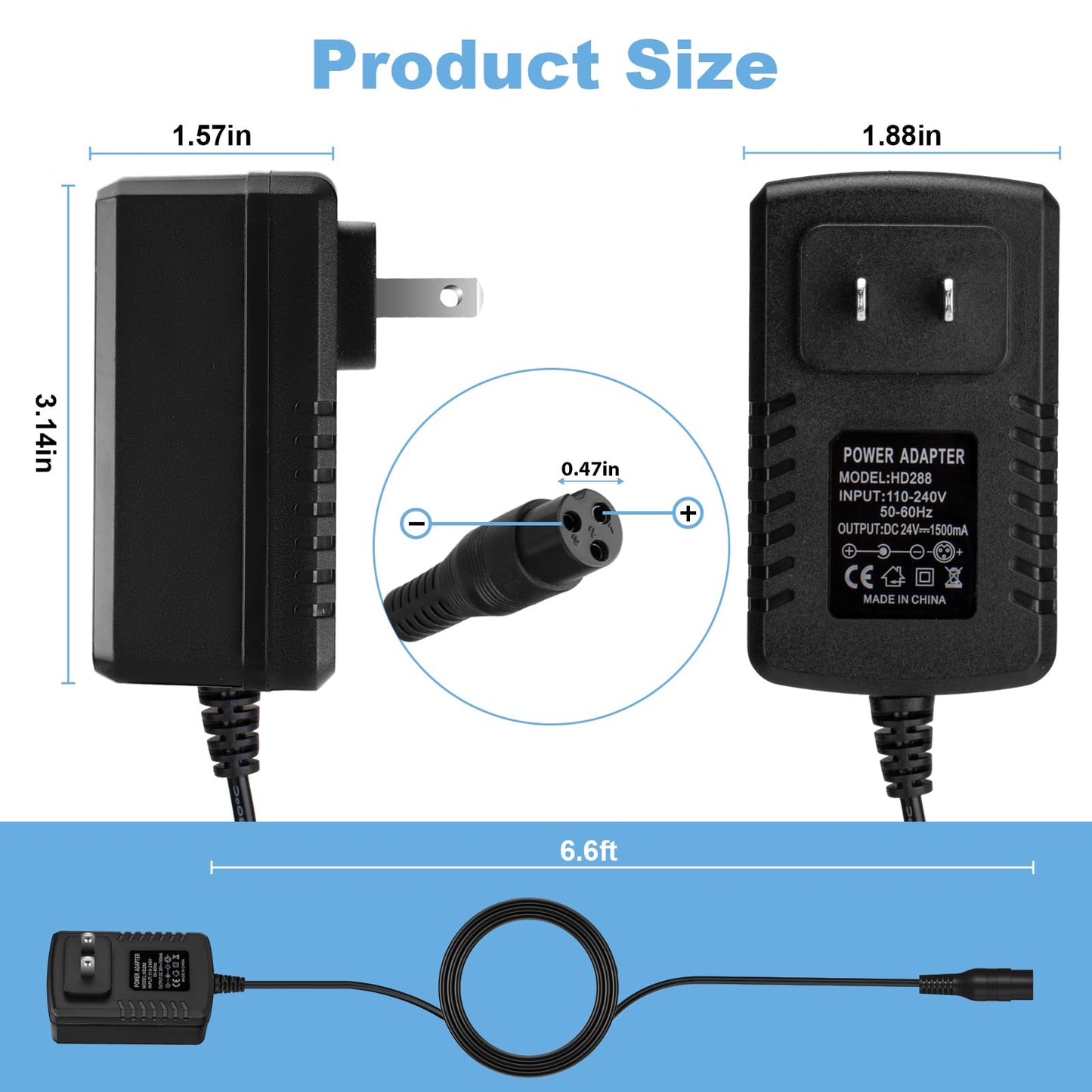 24V 1500mA Electric Scooter Charger for Razor E100, E200, E300, E500, PR200, MX350, Dirt Bike, Pocket Mod, Sports Mod, and Dirt Quad ATV Go Kart Connector - 3-Prong Inline Female Battery Power Cord
