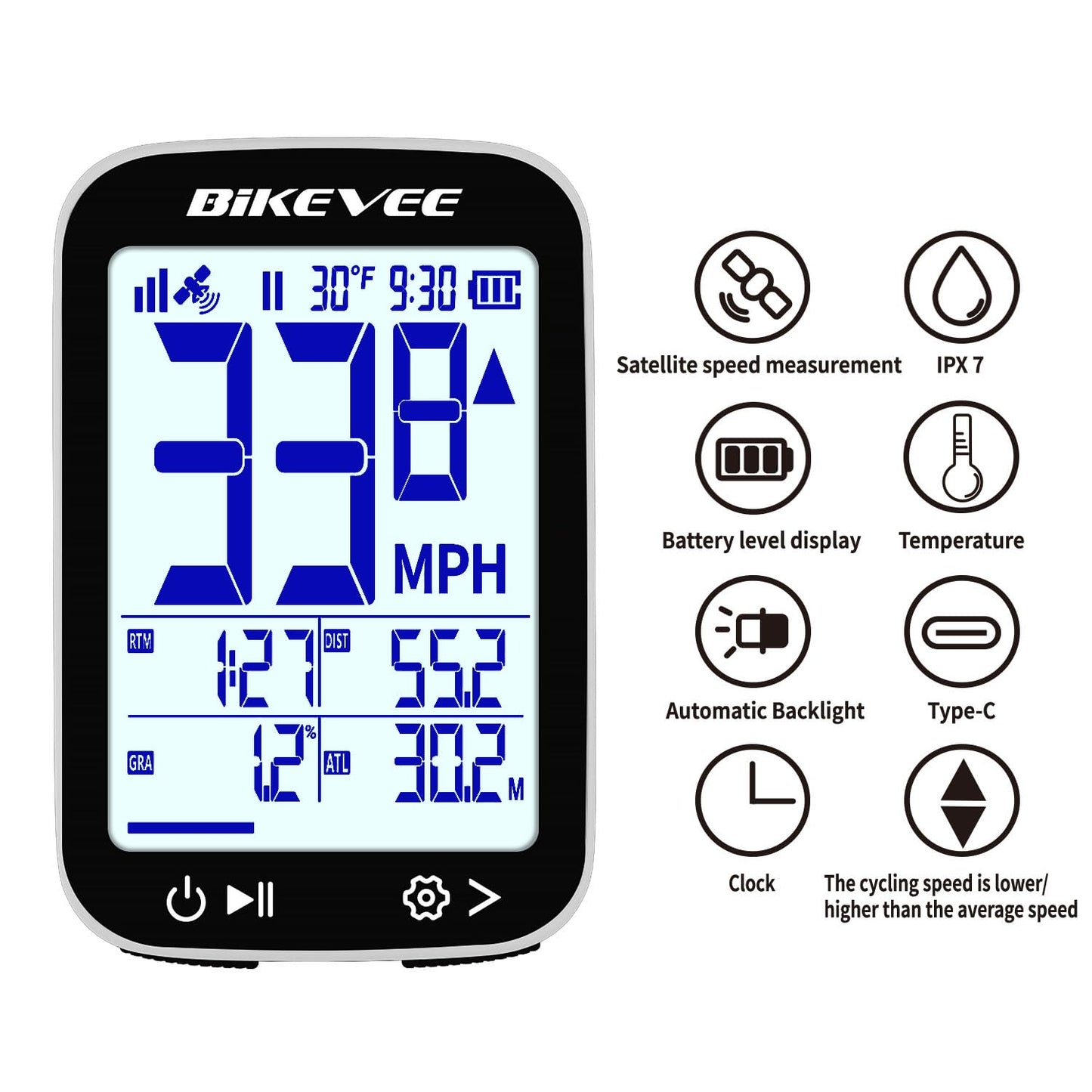 Bikevee GPS Bike Computer Wireless Cycling Computer with Auto Backlight, Bicycle Speedometer Odometer, Waterproof GPS Speed Tracker for Road Mountain Bikes - White