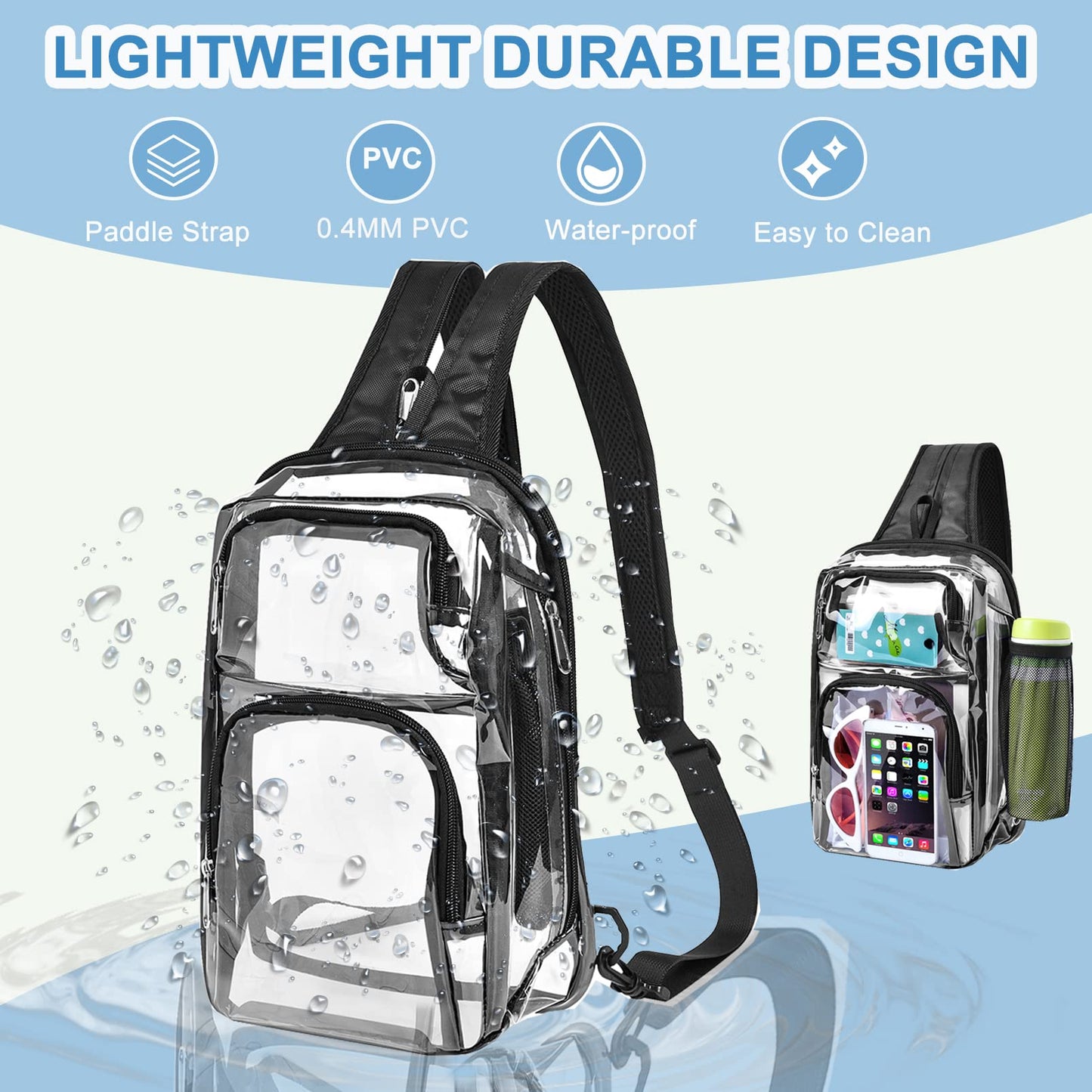 Busiuw Clear Backpack Stadium Approved with Adjustable Reinforced Straps, 3 in 1 Clear Crossbody Bag for Festivals and Games (Plus size)-Black