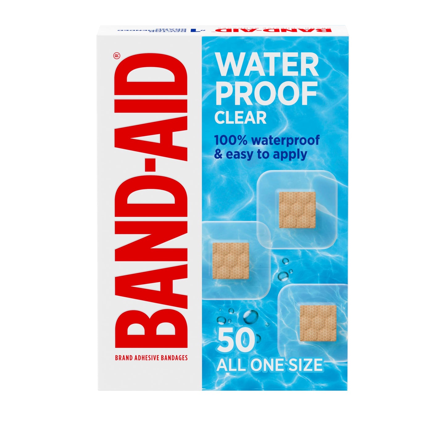 BAND-AID Brand Clear Waterproof Spot Square Adhesive Bandages, Sterile Waterproof Protection & Wound Care for Minor Cuts & Scrapes, Small Spot Bandages, First Aid Kit Essential, All One Size, 50 Count