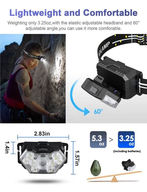 Eirnvop 2000 Lumen 9 LED Headlamp 2 Pack, Ultra Bright Head Lamp with 6 Modes, IPX5 Waterproof Head Light, Lightweight Head Flashlight for Running Night-Walking Camping, 6 AAA Batteries Included