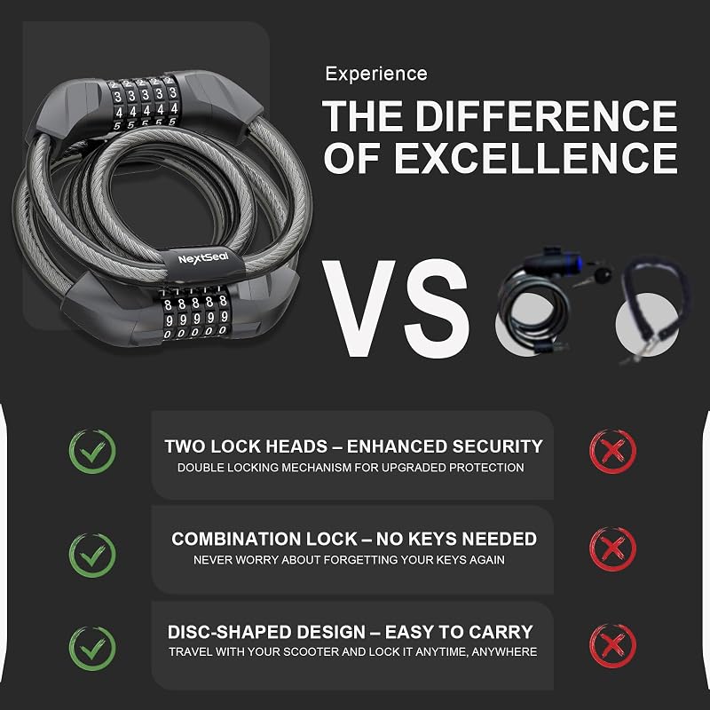NextSeal Dual Cable Lock for E-Scooters & Bikes - 12mm 5-Digit Combination - Black