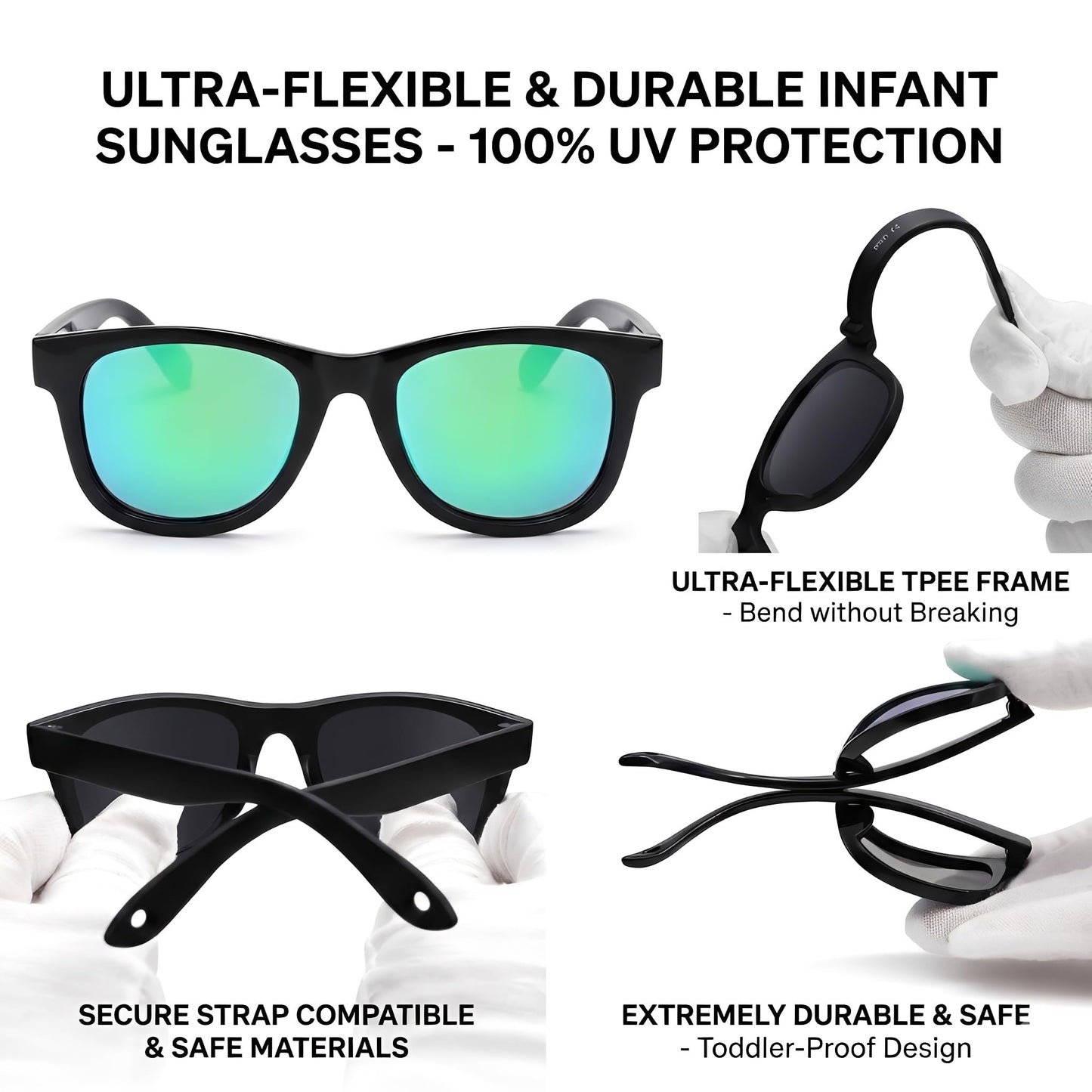 GLARDEFE Polarized Baby Sunglasses with Strap - Unbreakable Infant Sunglasses for Newborn Toddler Boys Girls Age 0-12 Months(Black/Green Mirror + Black/Grey + Black/Blue Mirror)