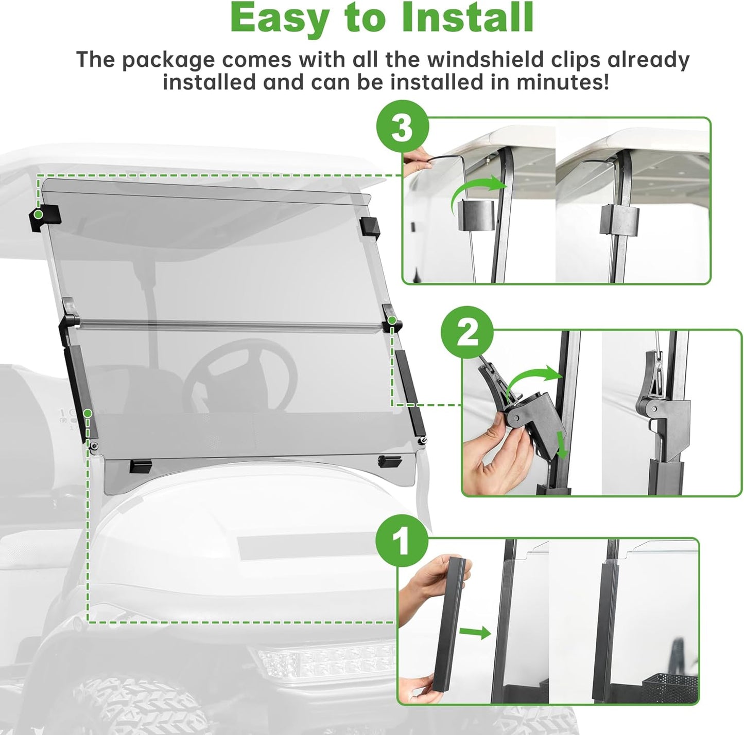 10L0L Golf Cart Windshield for Club Car Precedent 2004-Up, Tempo, 2017-Up Onward, Clear/Tinted Fold Down Club Car Windshield Anti-UV Impact Resistant - 37.5"W X 33.6"H