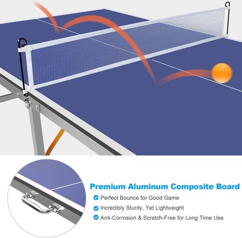 6x3ft Portable Table Tennis, Mid-Size Folding Indoor Outdoor Ping Pong Table Game with Net, 2 Tennis Paddles and 3 Balls for Adults/Teens