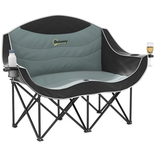 Outsunny Double Camping Chair for Adults, Padded Folding Camp Chair for 2 Person with Armrest, Wine Glass Holder, Cup Holder, Carry Bag for Outdoor Sports, Picnics, Supports up to 551 lbs., Black