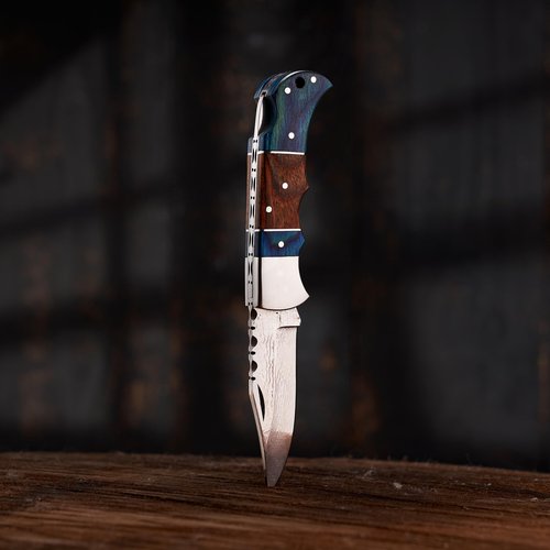 Personalized Handmade Damascus Pocket Knife - Hunting, Survival, Folding Knives for Men with Wood Handle for Outdoor Fishing Accessories, Anniversary, Boyfriend, Gifts for Men