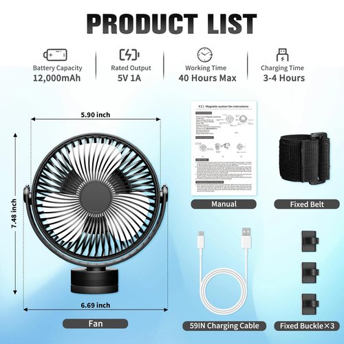 GODCTSUP Upgrade Golf Cart Fan Rechargeable with Magnetic Base, Portable 12000mAh Magnetic Fan with 4 Speeds, LED Lantern, Fits Club Car EZGO Yamaha Golf Cart & Cruise Ship Accessories,1PCS