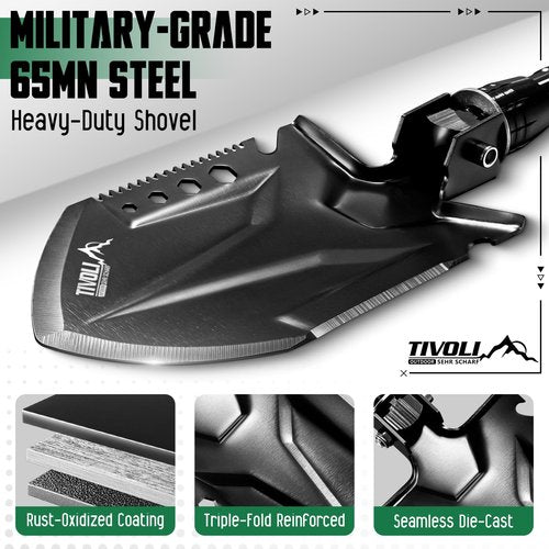 Tivoli Folding Camping Shovel Kit,Multifunctional Survival Shovel with Manganese Steel for Outdoor Off Road, Home Repair,Beach,Car Emergency. Camping Kit with Storage Case,Ideal Gift