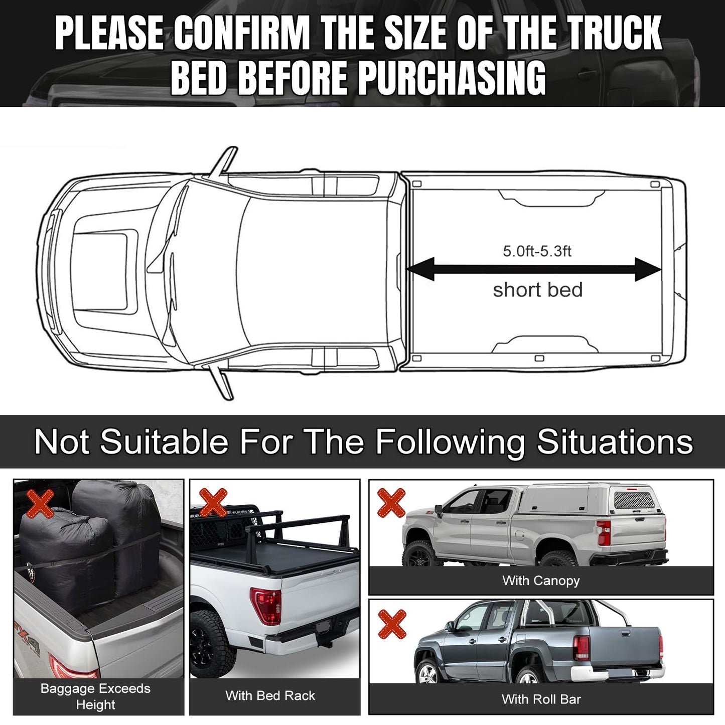 Mid-Size Truck Bed Tarp Cover Compatible with Toyota Tacoma, Ford Ranger and Nissan Frontier 5Ft-5.3Ft Short Bed, 600D Heavy Duty with 12 Elastic Cords Pickup Bed Tarp for Snow Rain Dust Protection