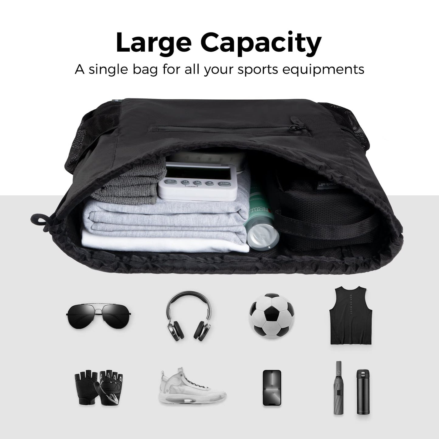 pack all Drawstring Bag Backpack, Water-Resistant Sports Gym Sack Bag, Lightweight Training String Bag with Waterproof Zipper Pocket and Water Bottle Holder(Black)