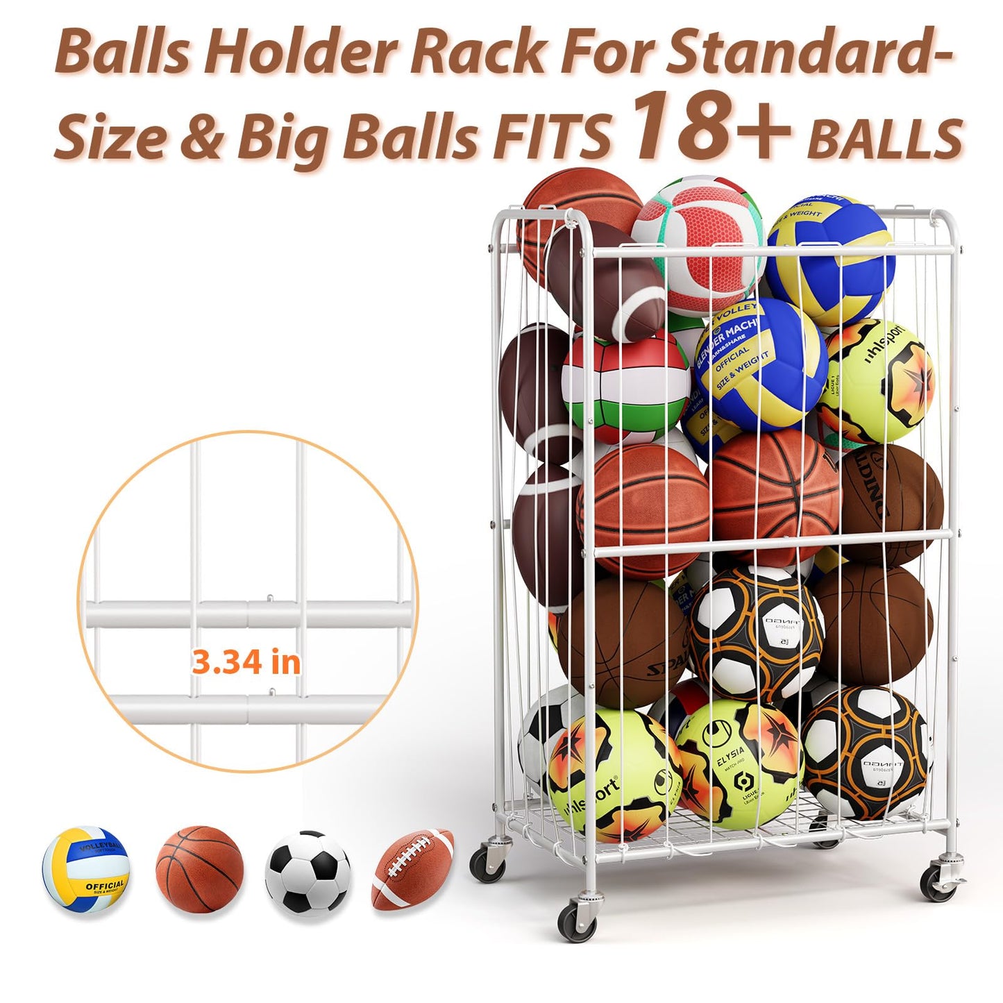 YKDIRECT 210L Rolling Ball Organizer with Locking Wheels - Large Sports Storage Basket for Basketball Soccer Football Volleyball, Steel Garage Equipment Cart with Elastic Rope for Household Storage