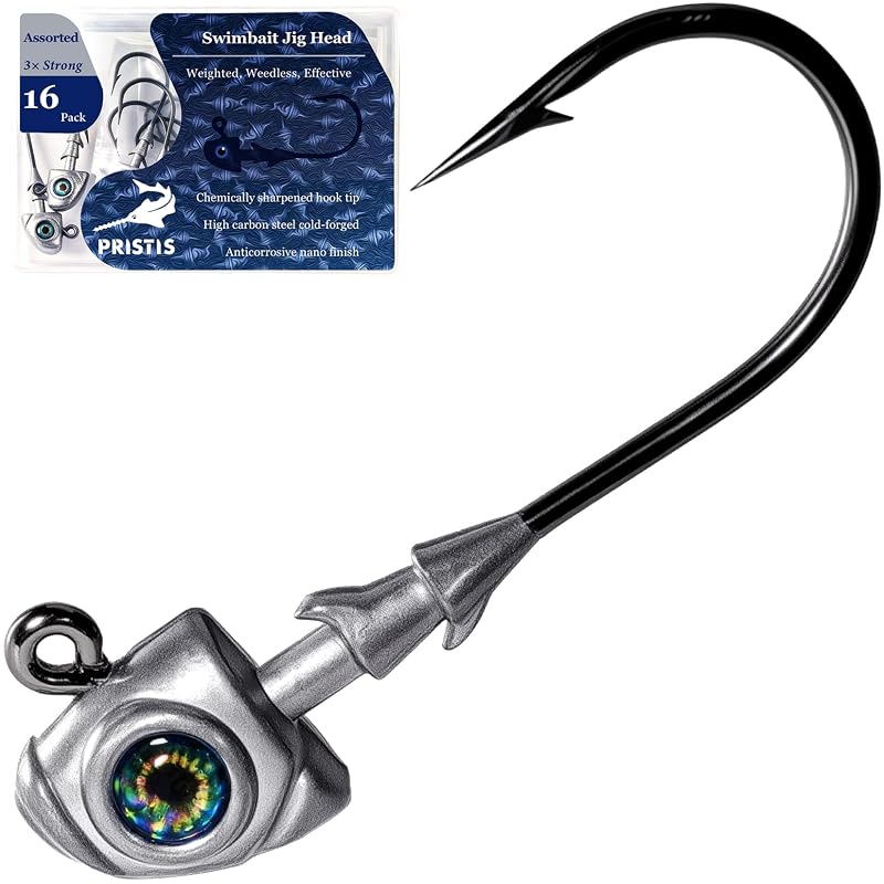 Assorted 16 Pack Pristis Swimbait Jig Heads with 3D Eyes, Weedless Lead Bait Jigs