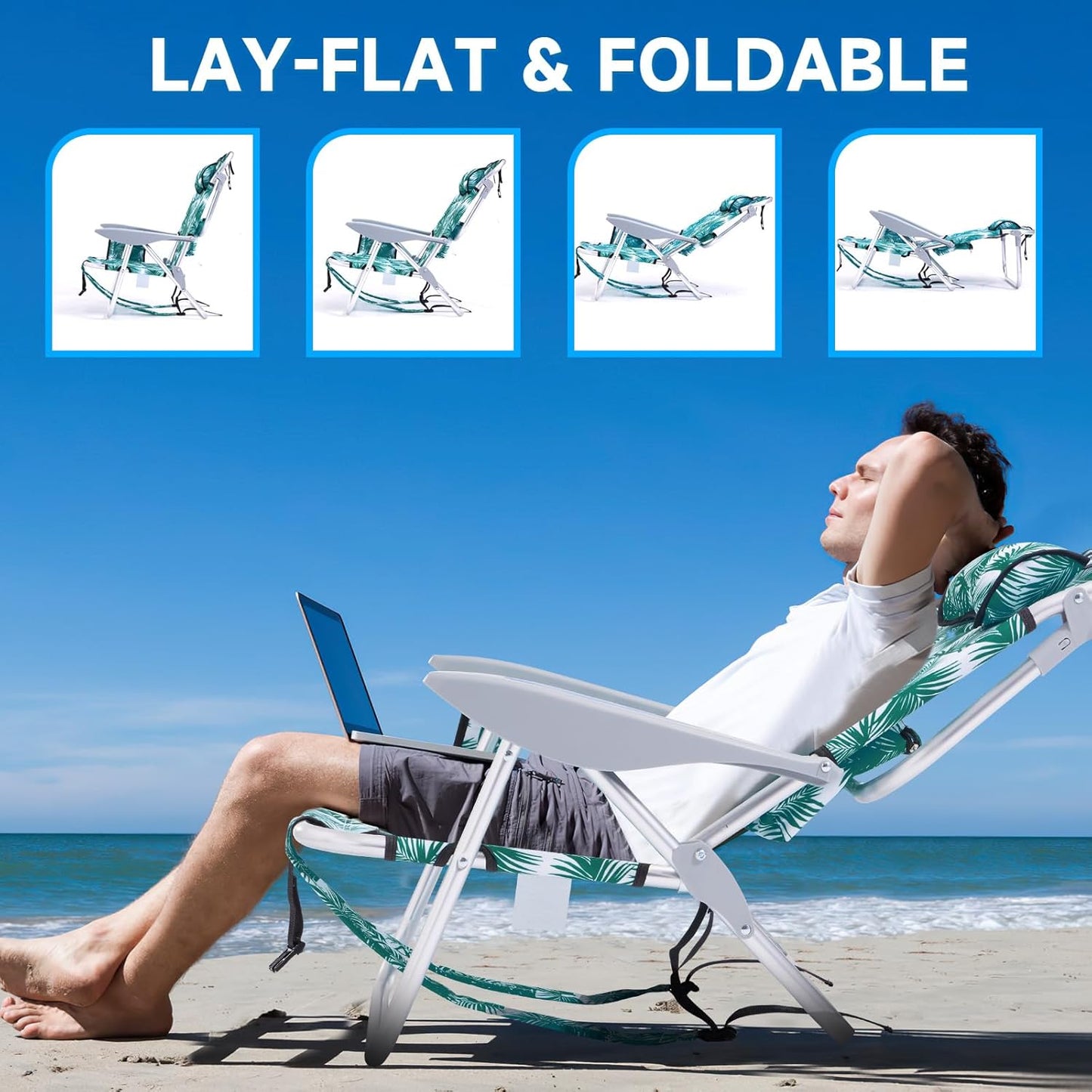 2 Pack Lightweight Portable Camping Beach Chair for Adults, Outdoor Lay Flat Folding Beach Chairs with 5 Positions, Backpack Beach Chair with Towel Bar, Zipper Pouch, Cup Holder, Ocean Striped