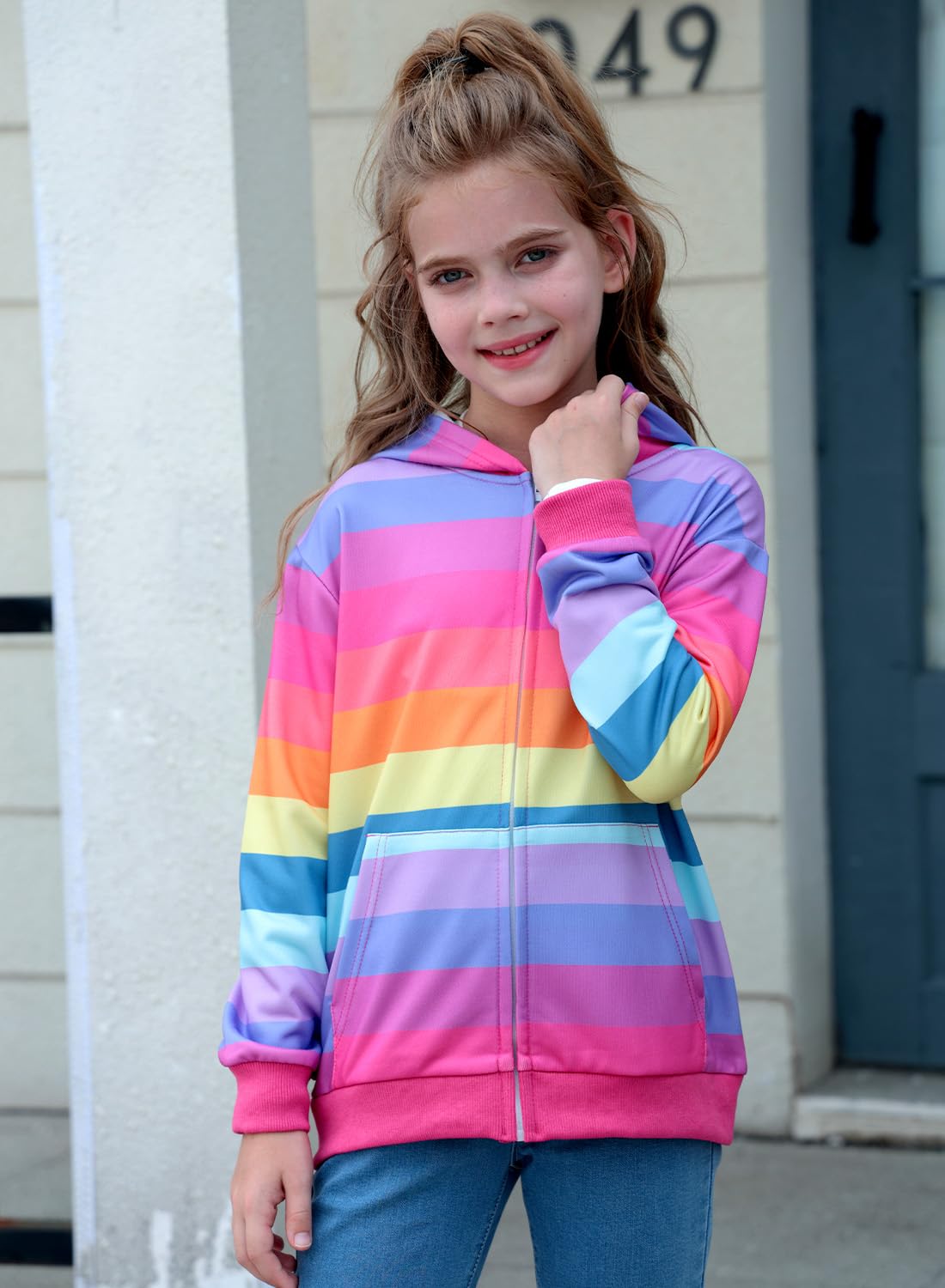 Belovance Girls Graphic Zip Up Hoodie Sweatshirt with Pockets Kids Tween Hooded Coat Casual Loose Outerwear Autumn Long Sleeves Oversized Novelty Lightweight Jacket Top Cute Rainbow Stripe 6 7 6-8